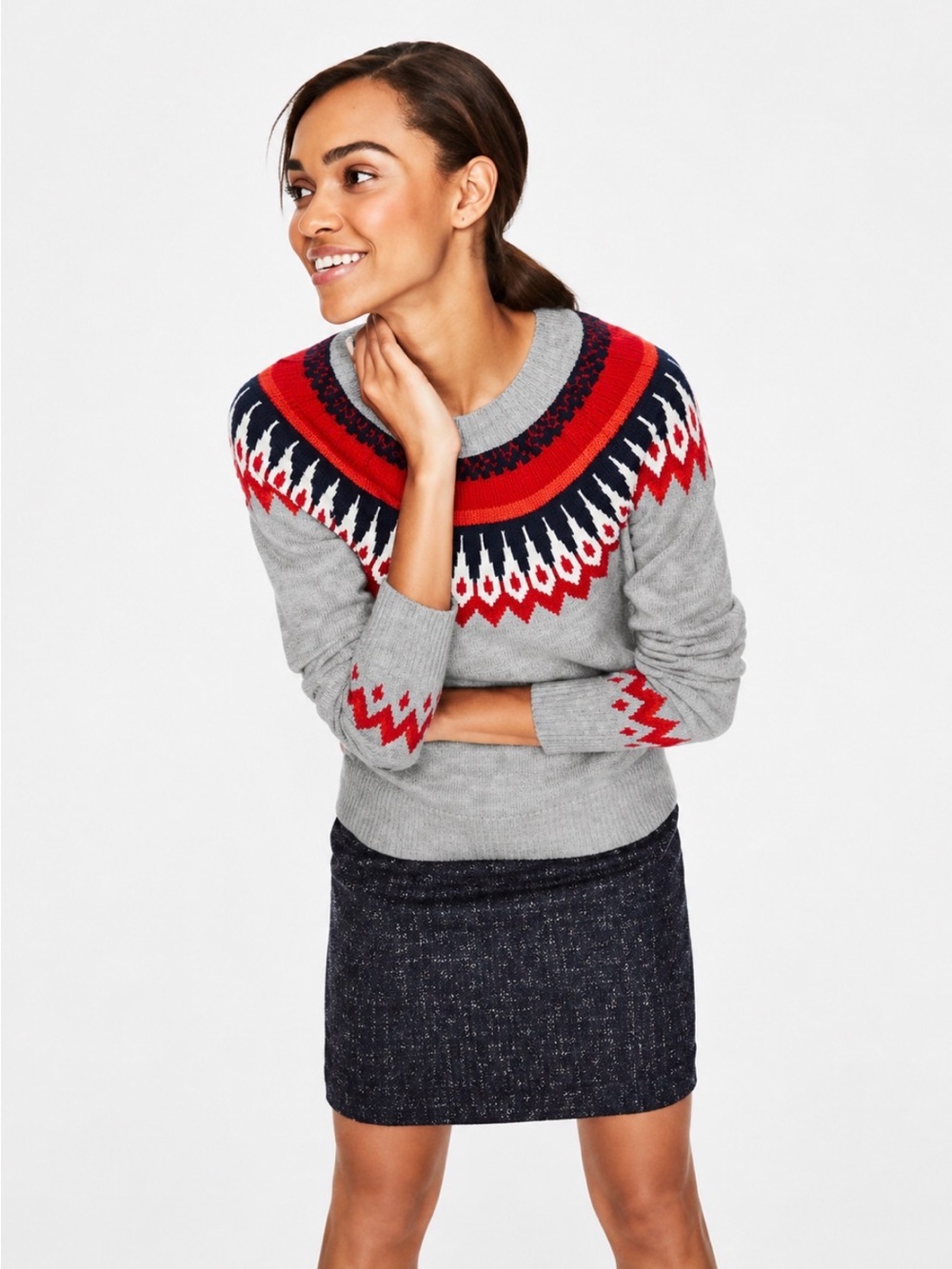 Fair Isle Knit Sweater | Boden | Grey with Red & Navy | Agnes | XS